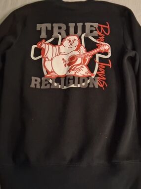 True Religion Black Sweatshirt with Red & White Buddha Guitar Graphic